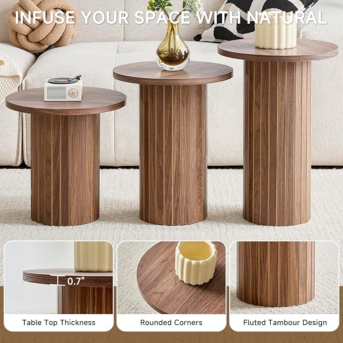 Round Nesting Coffee Table Set of 3 Mid Century Modern Wood Round Coffee Tables