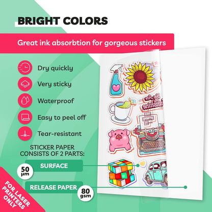 Clear Sticker Paper for Laser Printer - (20 Sheets), 8.5 x 11" Letter Size, Glossy Vinyl Sticker Paper - Perfect for Crafting and Vibrant Designs