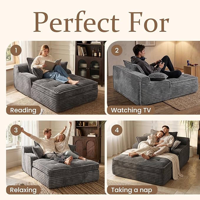 Boneless Chaise Lounge Couch Indoor, Oversized Corduroy Upholstered Sofa Bed
