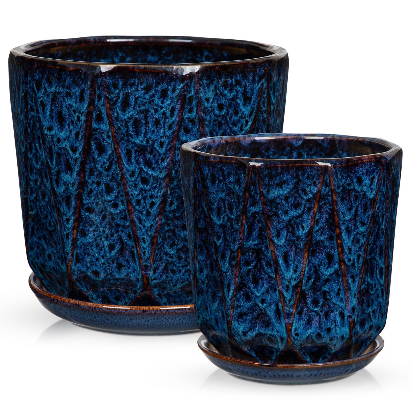 Oairse Ceramic Pots for Plants, 8+6 inch Plant Pots with Drainages Holes & Saucers Large Blue Ceramic Planters Decorative Flower Pot for Indoor Plants Outdoor Inoor