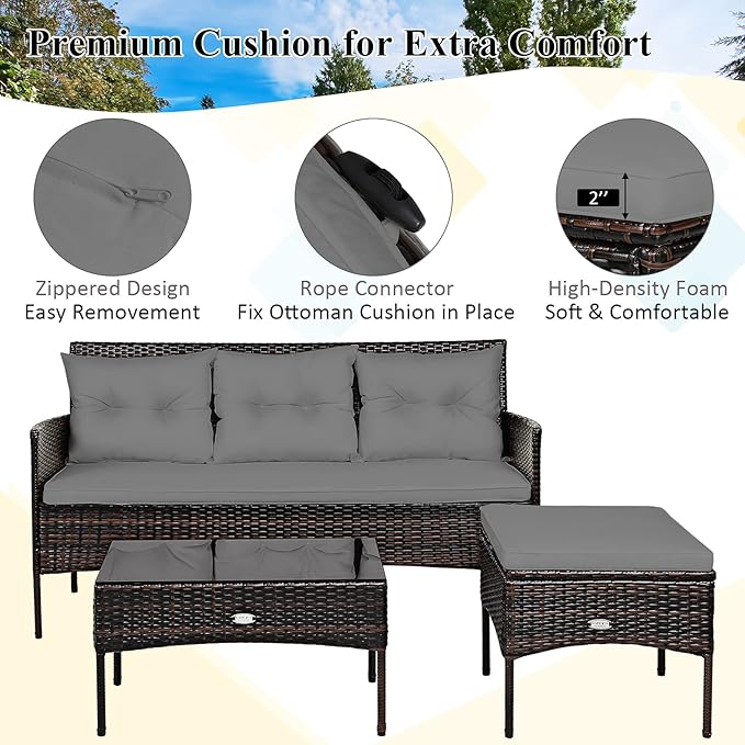 Tangkula 3 Pieces Patio Conversation Set, All Weather Outdoor PE Rattan Wicker