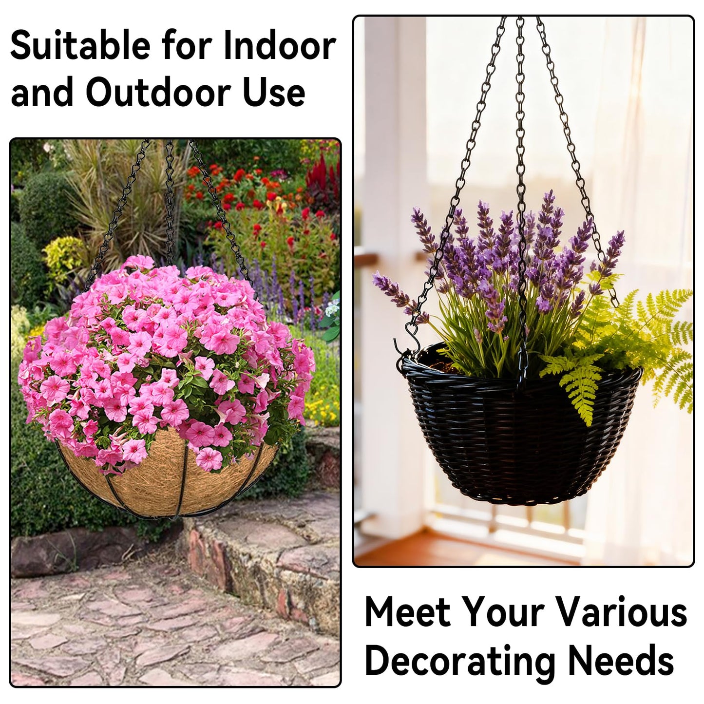 ZeeDix 4 Pack, 16 Inch Hanging Basket Chain with Hooks, Black Metal Planter Flower Pot Chain for Hanging Plants Outside, Adjustable Replacement Chain for Lanterns, Bird Feeders and Flowers