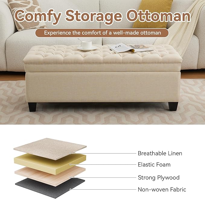WUTUTUEE 51" Fabric Storage Ottoman Bench, Upholstered Rectangle End of Bed