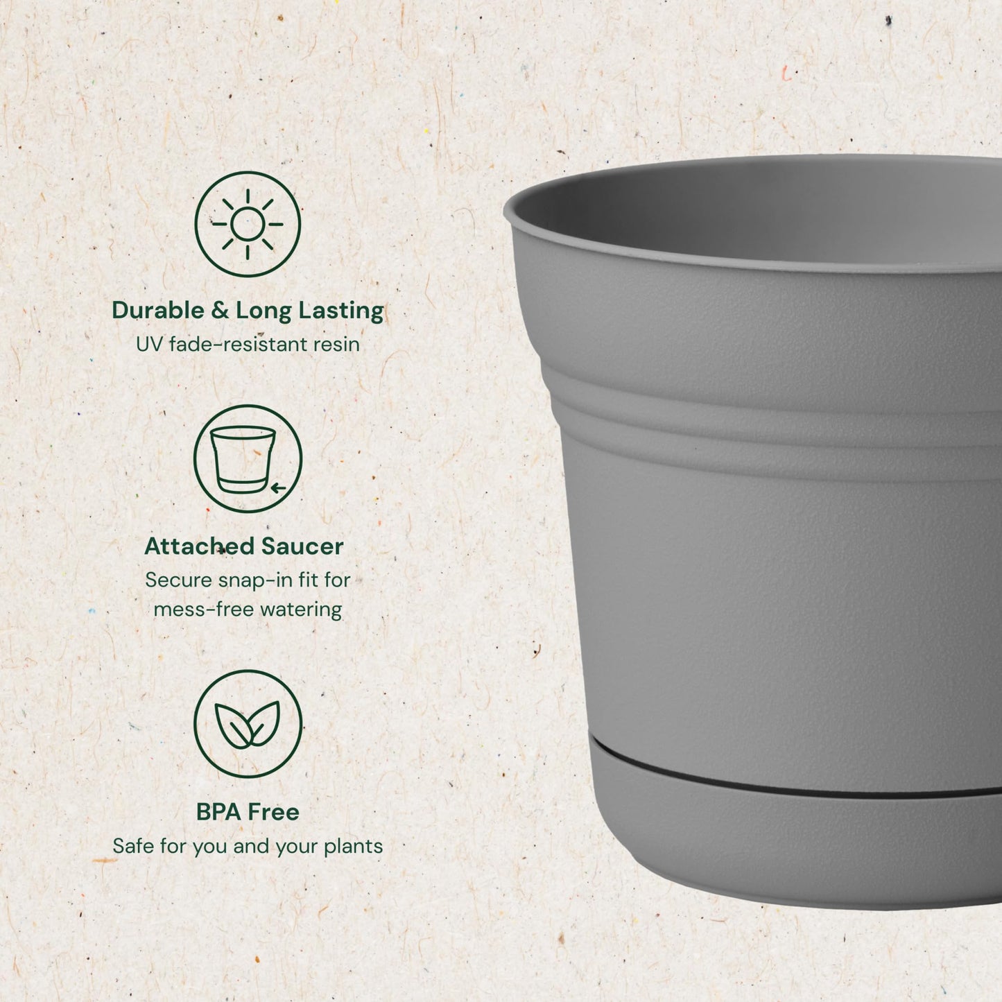 Bloem Saturn 7" Charcoal Round Resin Planter Pot with Snap-in Saucer for Indoor and Outdoor Gardening, 4-Pack