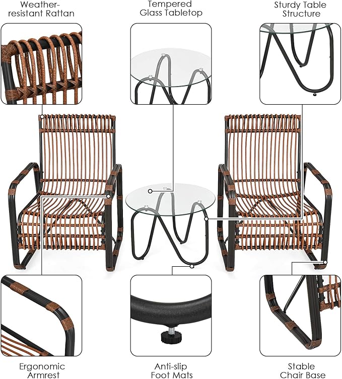 Tangkula 3 Piece Patio Rattan Furniture Set, Includes 2 Single Wicker Chairs