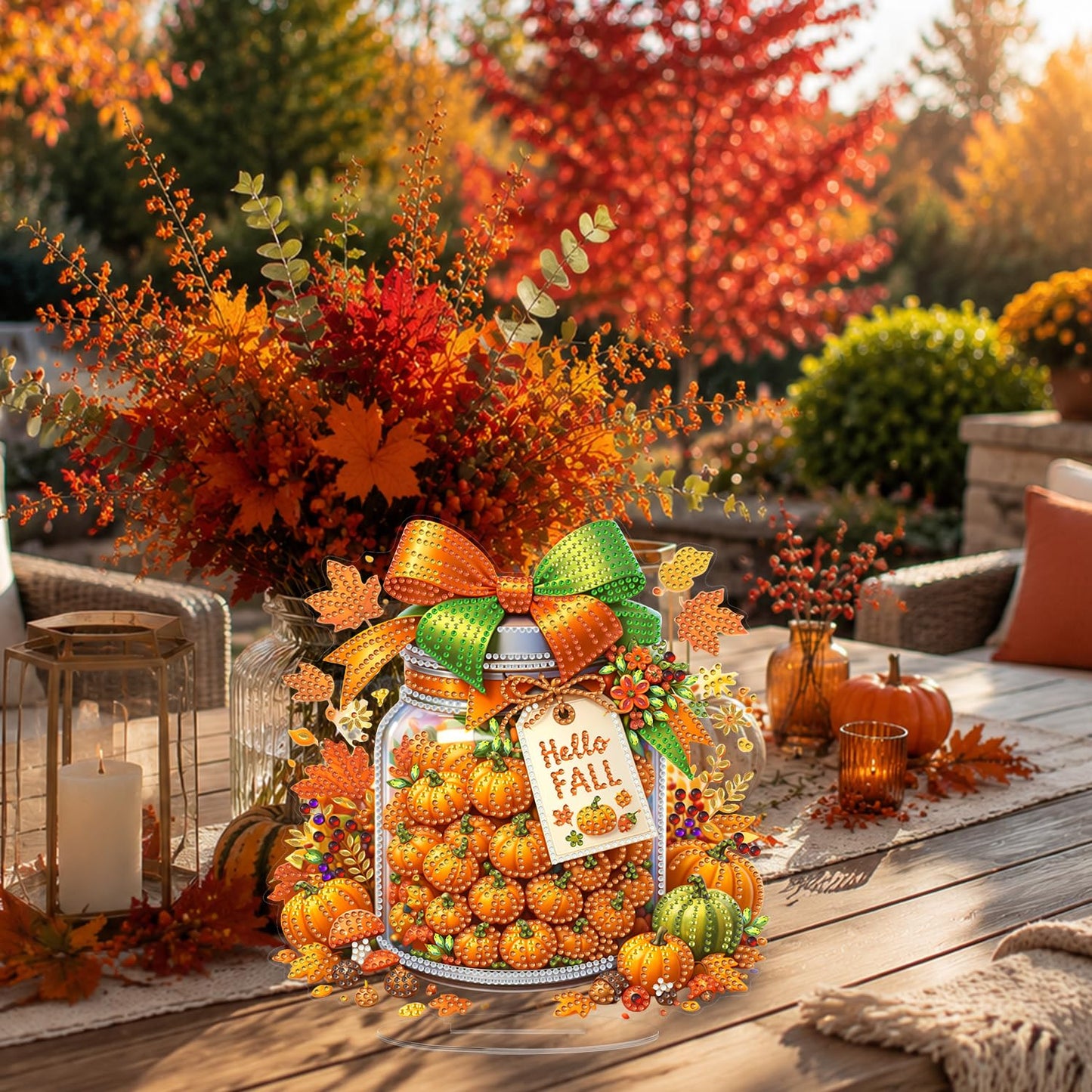 Eiflow Desktop Diamond Art Table Top Kit for Adults Fall Pumpkins, DIY Tabletop Diamond Art Painting with Stand, Acrylic Stand Up Gem Painting Board Kit (Happy Fall)