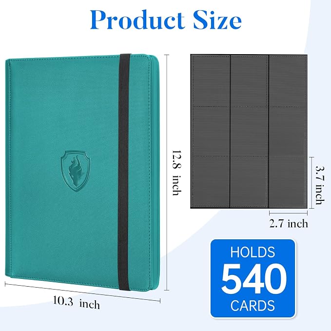 Premium 9 Pocket Card Binder for 540 Cards, Fabmaker PU Cover Trading Card Binder, Sturdy Card Collection Album, Sleek Card Holder Folders for Game Cards & Sports Cards, Turquoise