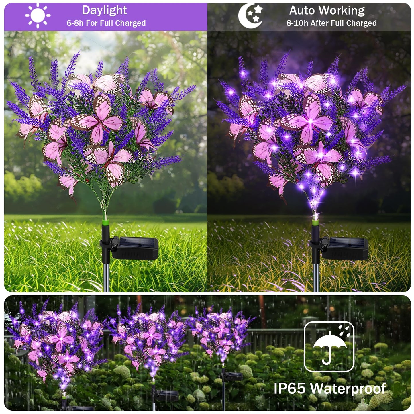 Kohlrabi Solar Garden Lights Outdoor, 6 Pack Purple Lavender Solar Butterfly Lights Gardening Gifts for Women,Artificial Flowers Light Purple Halloween Garden Decor for Patio Yard Lawn Christmas