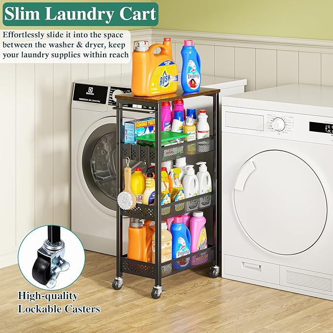 OKZEST Utility Slim Storage Cart, 4-Tier Narrow Bathroom Organizer and Storage