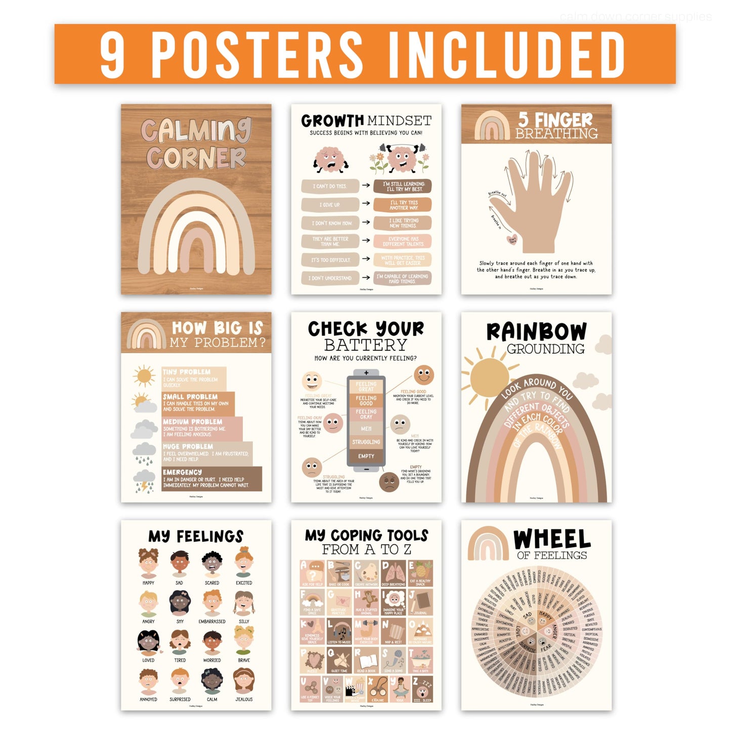 Hadley Designs 9 Calming Corner Posters for Classroom Must Haves - Calm Down Corner Supplies with Emotions Chart, School Counselor Mental Health Poster, Feelings Chart For Kids, Boho Classroom Decor