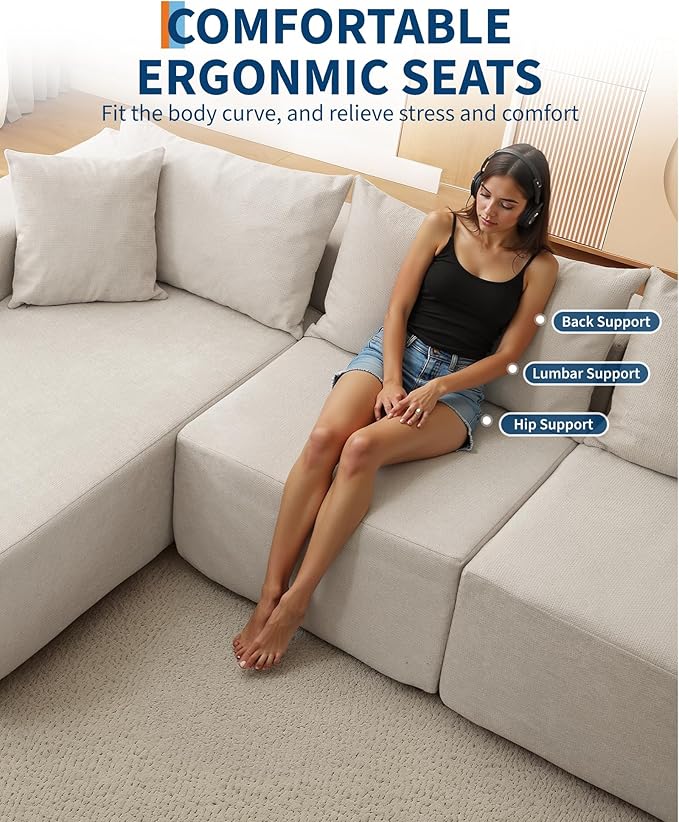 Corduroy Modular L Shape Sofa, Cloud Feel Compressed Sectional Couch