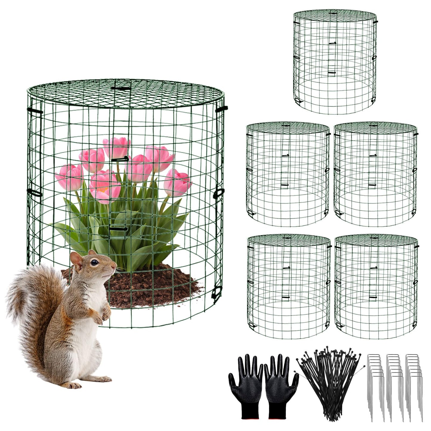 PREUVEDE 6 Pack Dark Green Plant Protectors, 11.8×11.8in Round Wire Garden Fence Cage with Lid, Animal-Proof Mesh Plant Covers for Rabbits, Squirrels & Pets, Stakes, Zip Ties & Gloves Included