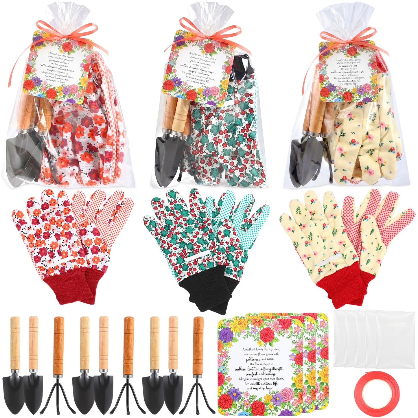 Cuffbow 3 Set Mother's Day Gardening Gifts Floral Gardening Gloves, Garden Shovel, Mini Garden Tools with Mother's Day Cards and Bags for Mom Grandma Birthday Gift (Classic)