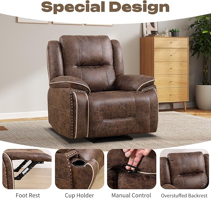 EBELLO Faux Leather Manual Recliner Chair, 1 Seater Reclining Sofa Chair
