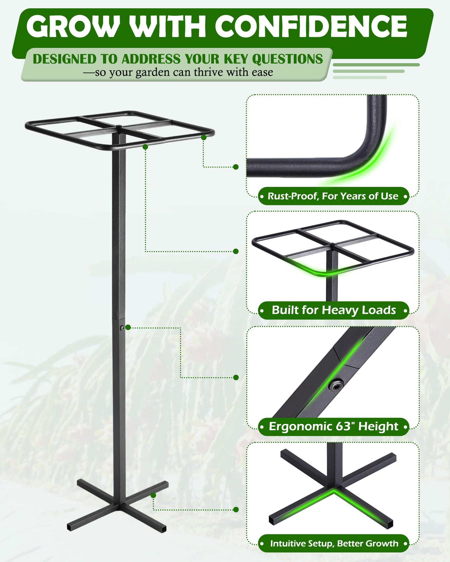 Metal Dragon Fruit Trellis 62" - Adjustable Heavy Duty Metal Plant Support with Square Top Design for Climbing Plants and Vertical Gardening, Powder-Coated Black for Garden, Patio, Indoor Use