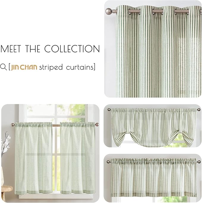 jinchan Tab Top Linen Kitchen Curtains 36 Inches Striped Tier Curtains Farmhouse Modern Cafe Style Small Window Treatments Airy Light Filtering Rod Pocket for Living Room Bathroom 2 Panels Sage Green