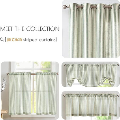 jinchan Tab Top Linen Kitchen Curtains 36 Inches Striped Tier Curtains Farmhouse Modern Cafe Style Small Window Treatments Airy Light Filtering Rod Pocket for Living Room Bathroom 2 Panels Sage Green