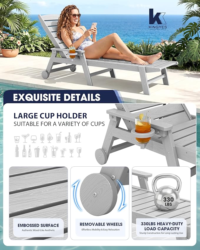 KINGYES HDPE Lounge Chair Outdoor Set of 2, Patio Chaise Lounge Recliner