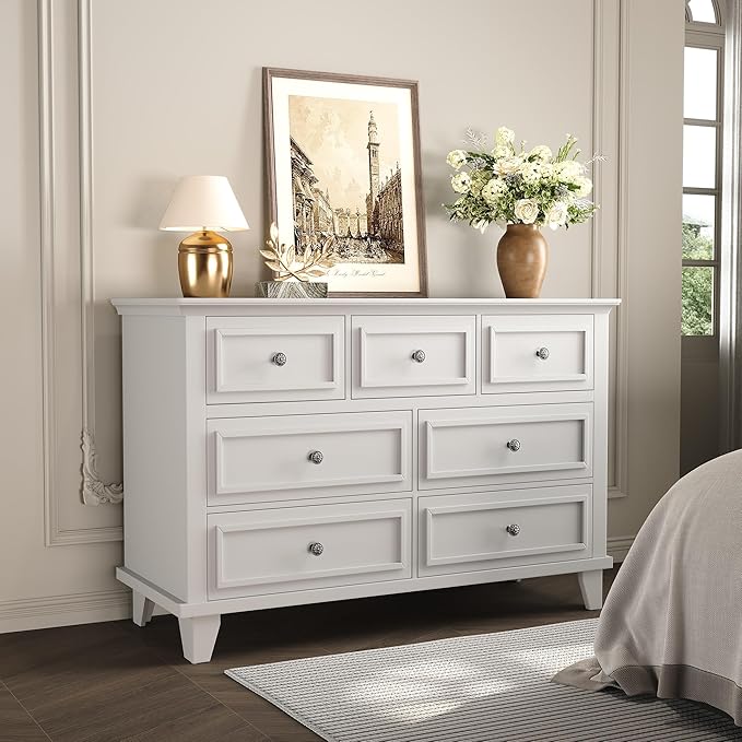 IDEALHOUSE 7 Drawer Dresser, Large Wooden Storage Chest of Drawers