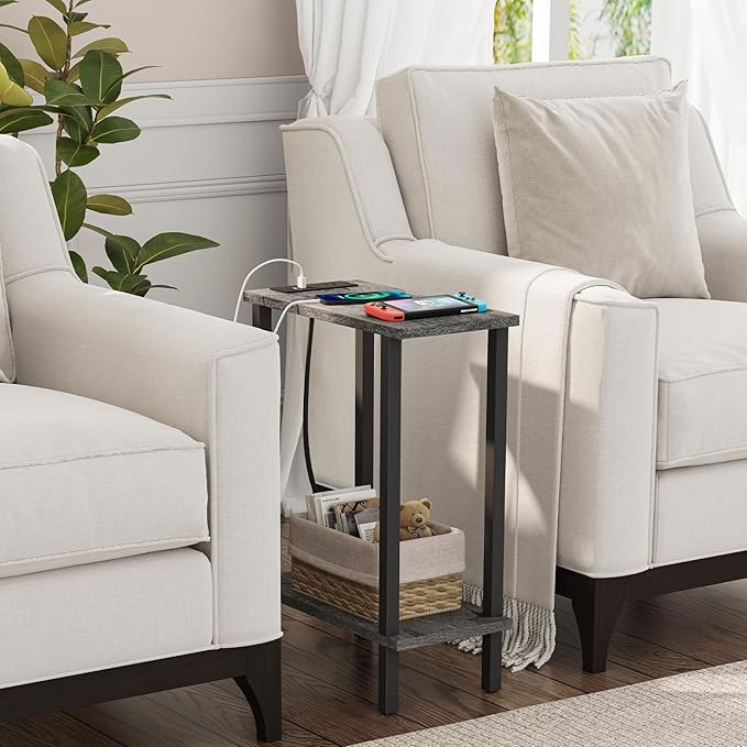 TUTOTAK Small End Table with Charging Station, Narrow Side Table with USB Ports
