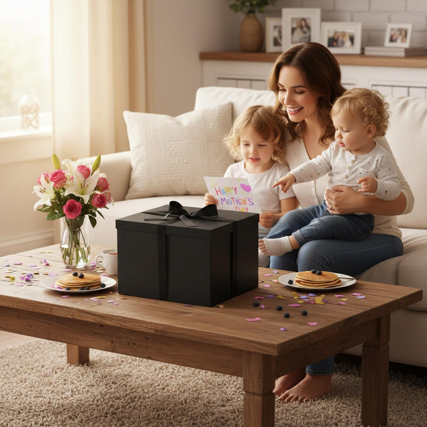 Rinrda Extra Large Gift Box,15x12x10 Inches Black Gift Boxes with Lids for Presents,10-inch Deep Box for Birthday Valentine's Day Graduation Anniversary.Contains Card Ribbon Shredded paper