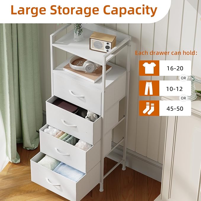 Somdot White Nightstand with 4 Drawers, Vertical Storage Tower Fabric Dresser
