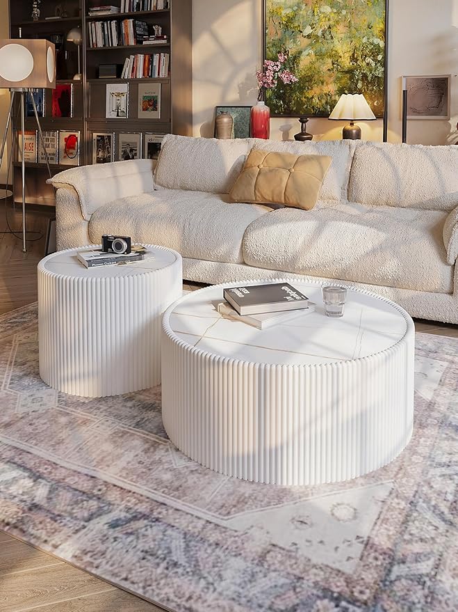 White Marble Coffee Table Set of 2, 29.52" Round Flued Coffee Table and End