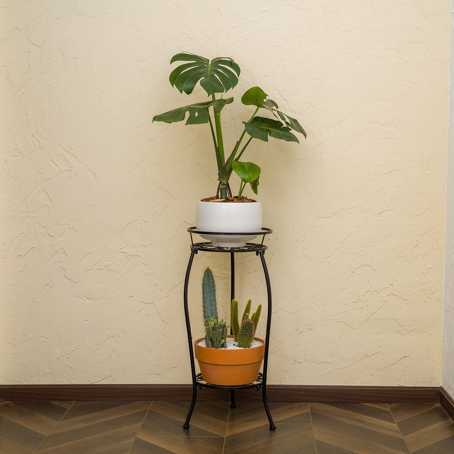 FaithLand Plant Stand, Metal Planter Holder Indoor Outdoor, 2 Tier Round Potted Supports Rack, Corner Display Shelf Black, Tall