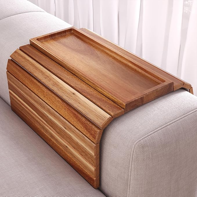 Sofa Arm Tray, Acacia Wood Folding Couch Arm Tray, Sofa Armrest Trays