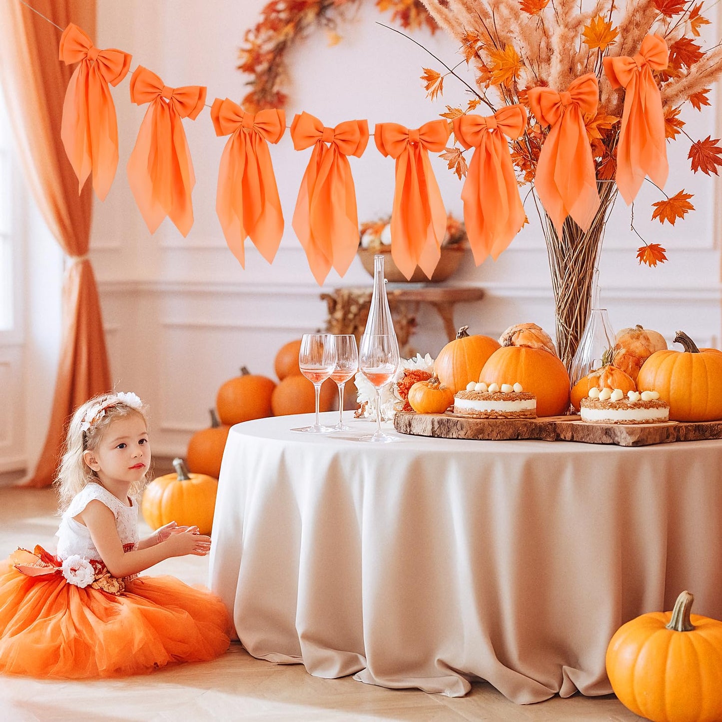 Orange Fall Bow Garland, Autumn Chiffon Bows Garland Thanksgiving Pumpkin Bow Banner Fall Decor for Mantle Fireplace Decor, Home Office Thanksgiving Halloween Harvest Decorations