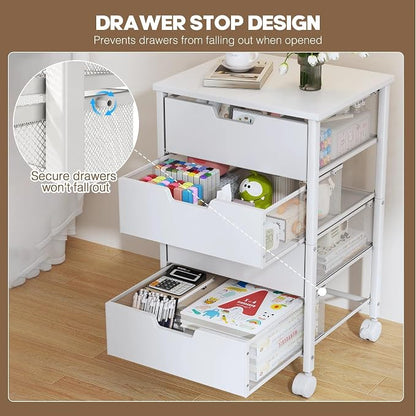 Rolling Cart with Drawers, Wooden Top and Front, with Wheels Metal Under Desk Storage Cart with 4 Drawers, for Office, Bedroom, Classroom, Home, White