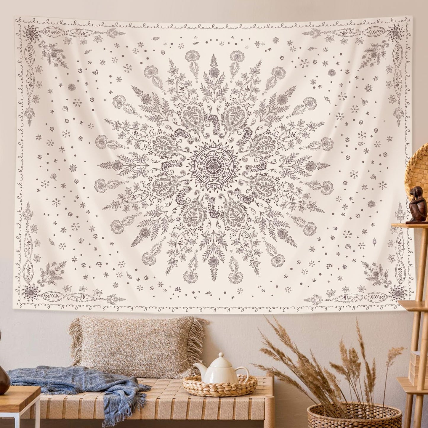 Lunerfex Boho Floral Tapestry Mandala Wall Tapestry, Cute Tapestries for Bedroom Beige Flower Tapestries Wall Hanging for Bedroom Living Room Decor Beige-1 70"x90"