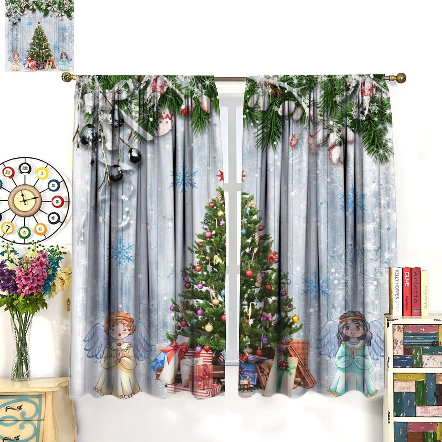 FengMingRui Kids Christmas Curtain for Bedroom Angel Pine Tree Christmas Tree Pine Leaves Winter Holiday Christmas Decor Window Drapes 52" W X 84" L
