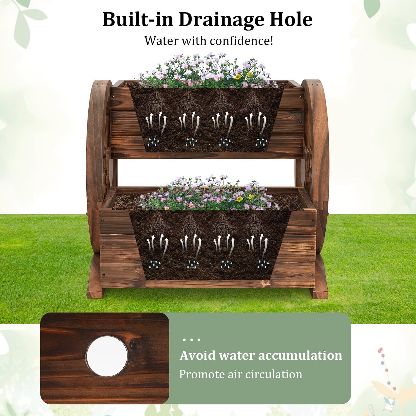 Byroce Wooden Wagon Planter Box, 2-Tier Raised Garden Bed with Drainage Holes for Flowers, Vegetables & Herbs, Indoor Outdoor Decorative Wheel Cart for Patio, Yard & Balcony, Rustic (1)