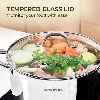Sunhouse 6 QT Stainless Steel Stock Pot with Lid - Large Pot for Cooking | Stainless Steel Pot For Pasta, Soup, Spaghetti - Impact Bonding Base Big Pots for Canning, Boiling - Induction Compatible
