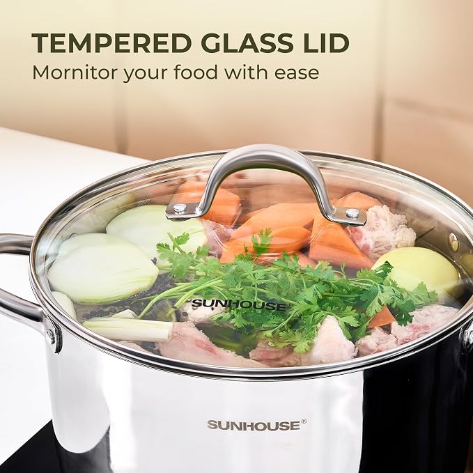Sunhouse Stock Pot with Lid - 13 QT Large Pot for Cooking Pasta, Soup, Spaghetti - Impact Bonding Base Big Stainless Steel Pots for Canning, Boiling - Oven Safe & Induction Compatible Cookware