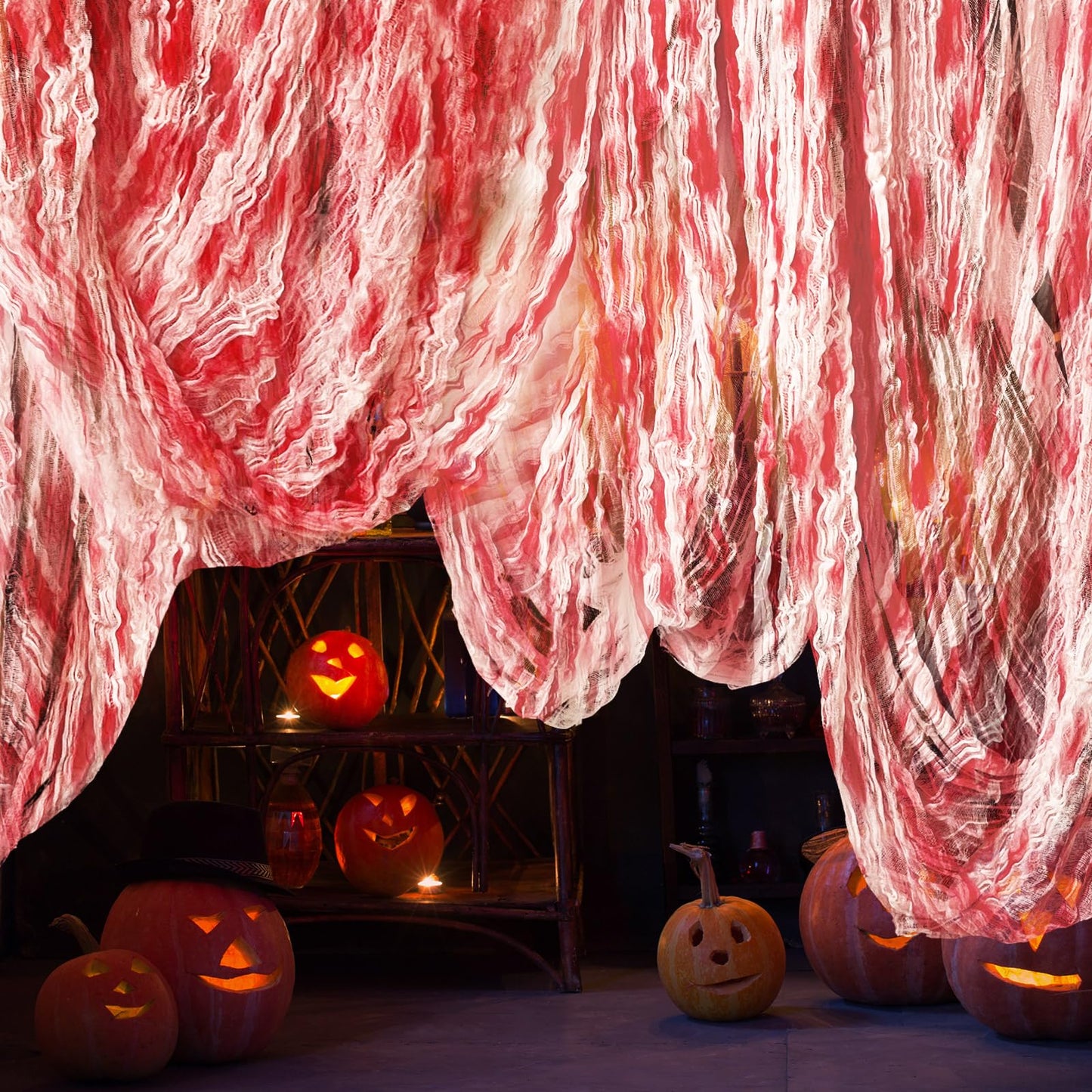 512" x 85" Halloween Blood Creepy Cloth Decoration - Large Bloody Spooky Fabric Gauze -Halloween Scary Gauze Blood Creepy Cloth for Haunted House Halloween Party Yard Wall Doorway Outdoors Decoration