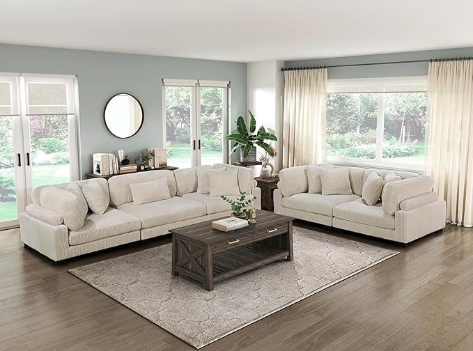 Modular Corner Seat, Plush Beige Corduroy Sofa, Customizable Living Room