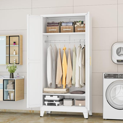 GAIOUS Metal Wardrobe Cabinet with Hanging Rod, Clothing Storage Cabinets | with 2 Doors and Adjustable Shelves, 71" Metal White Armoire Wardrobe Closet for Bedroom, Laundry Room, Cloak Room