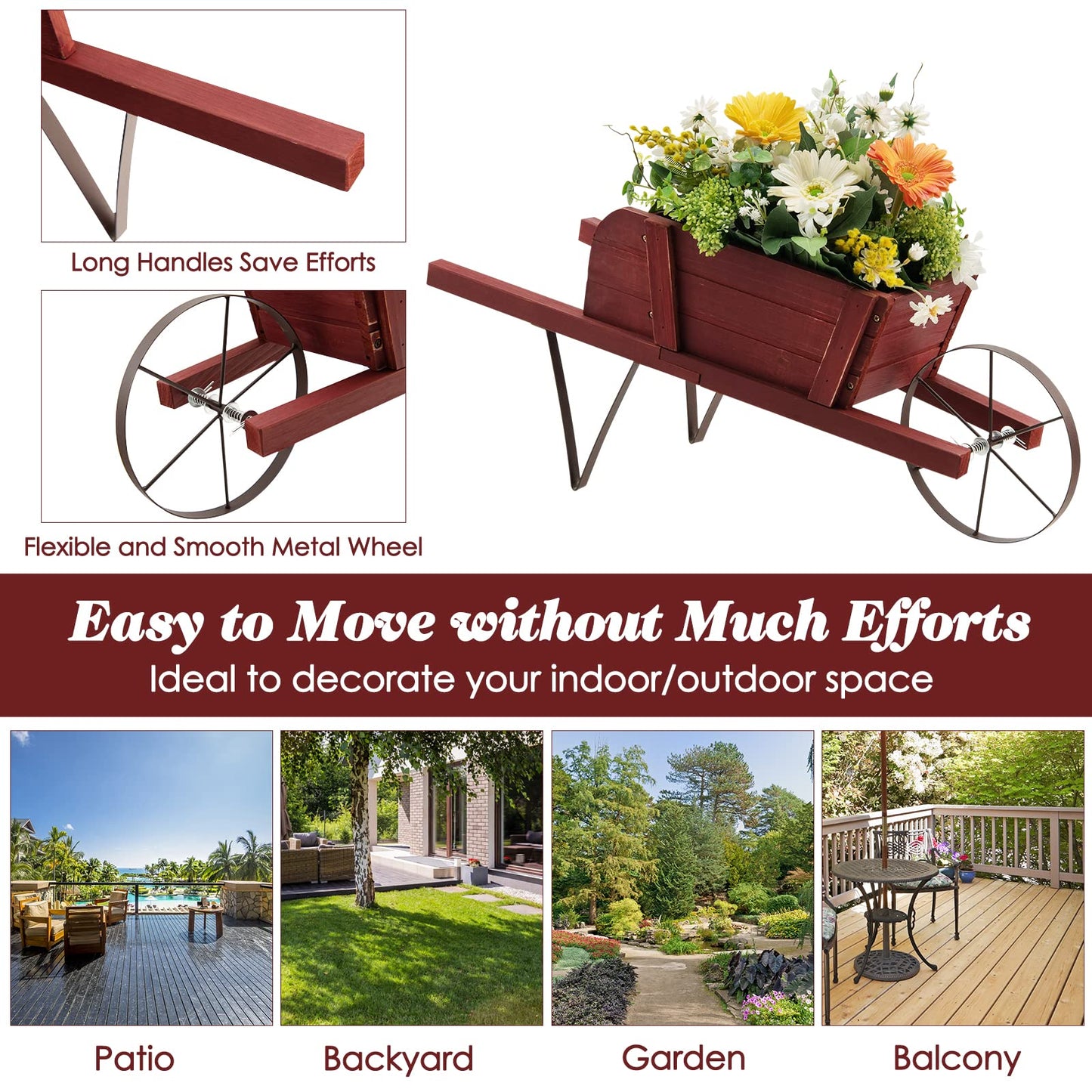 S AFSTAR Wood Wheelbarrow Planter, Flower Plant Pot Wheelbarrow Cart w/Metal Wheel & 9 Replaceable Magnet Accessories, Wooden Wagon Planter Wheelbarrow Decor for Outdoor Garden Backyard (Red)