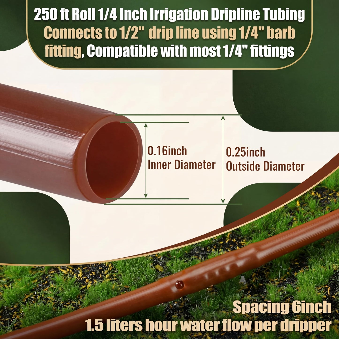Innconee 250 ft 1/4 Inch Drip Irrigation Tubing with 6" Emitter Spacing Brown Hydroponics Dripline Hose Irrigation Drip Line Emitter Tubing Parts for Gardens Greenhouses Bed Flower Efficient Watering
