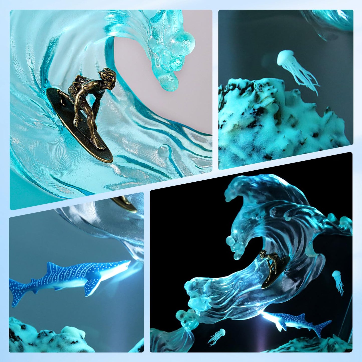 dcvbny Resin LED Ocean Surfing Night Lights,Handmade Wooden Epoxy Resin Bedside Table Lamp,3D Art Ornaments Office Bedroom Room Party Decor for Surfer Men Women Boys Girls (10-inch Surfing)