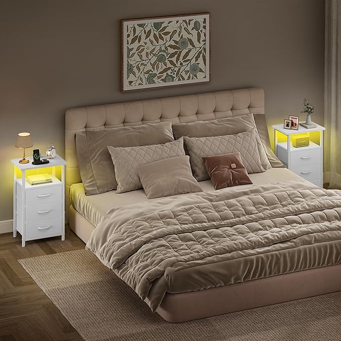 Vagusicc Night Stand with Charging Station, LED Nightstand