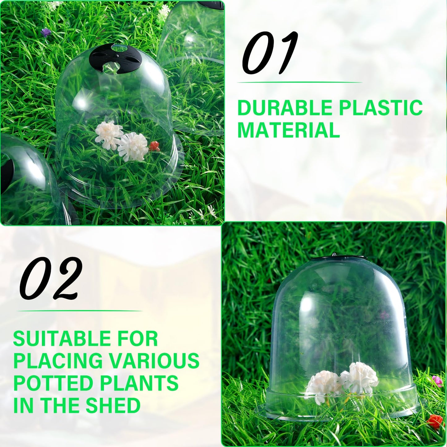 Zopeal 20 Pcs Small Humidity Plant Domes Garden Cloche 7.68" Dia x 6.7" H Reusable Thick Seedlings Frost Protector Covers Clear Plastic Mini Greenhouses with 80 Securing Pegs for Spring Outdoor Seed