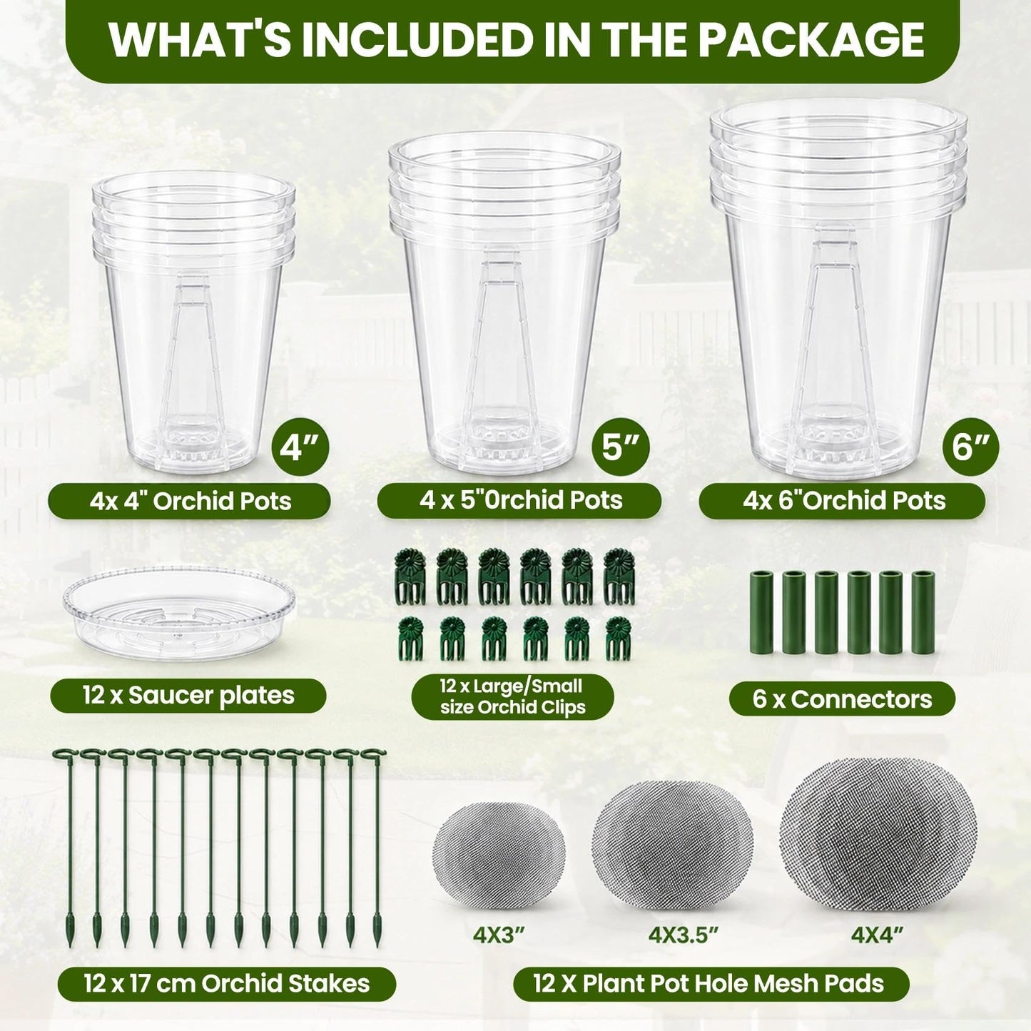 LINBLIF Clear Orchid Pots with Drainage Holes Set, 12 Pack 4,5,6 Inch Plastic Nursery Pots with Saucers, Orchid Repotting Kit with Mesh Screens, Stakes and Clips for Indoor Plants (4 in +5 in + 6 in)