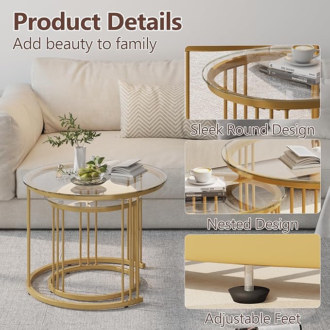 Garden 4 you Nesting Coffee Table, 23.6" Round Coffee Table Set of 2, Glass