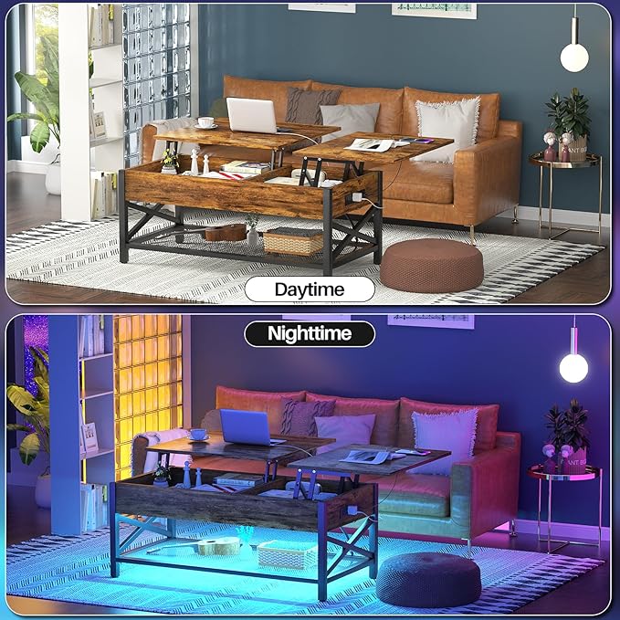 Aheaplus Coffee Table with LED Light and Power Outlet, Modern Lift-Top Center