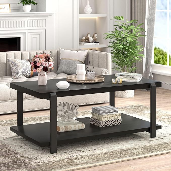FOLUBAN Black Coffee Table, Modern Rustic Wood Center Table