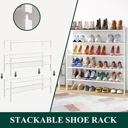 Smiry Long Bamboo Shoe Rack, 2 Tier Free Standing Wooden Shoe Organizer, Stackable Wood Shoe Storage Shelf for Closet, Entryway, 12 Vertical Slats, One-piece Standard Legs, 33.7"x11"x13", White