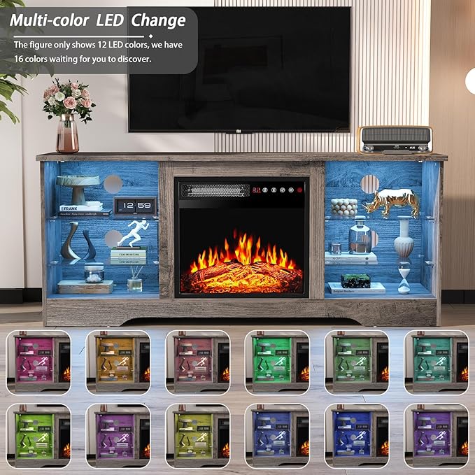 PRETZI Fireplace TV Stand with 18" Fireplace Up to 65" TVs, TV Media Console